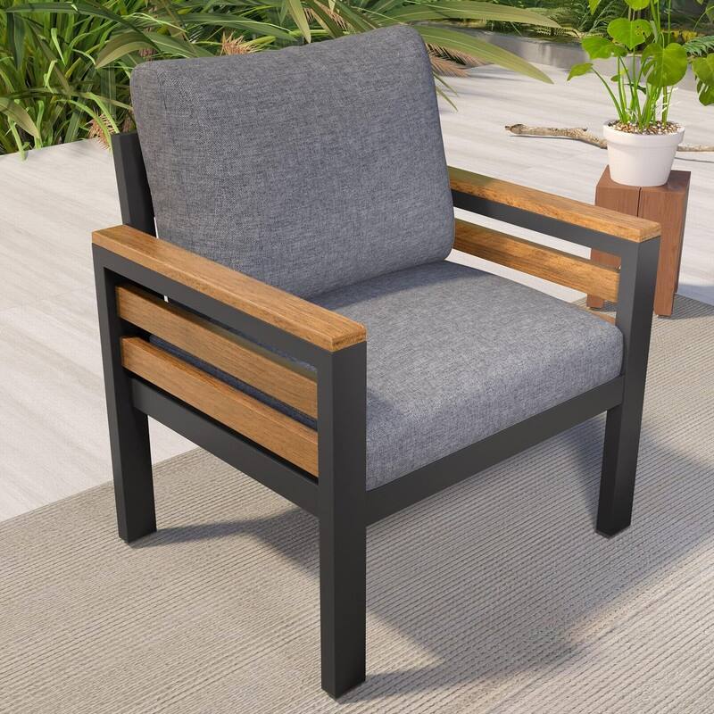 5-Person Outdoor Sofa Set with Acacia Wood Armrests and Removable Cushions