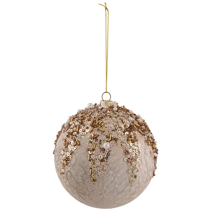 Beaded Sequin Shatterproof Christmas Ball Ornament - 4" - Champagne Gold