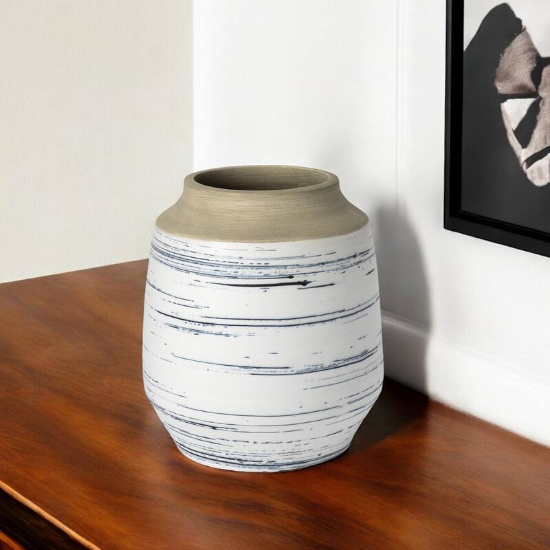 HomeRoots 10" Blue Sand And White Abstract Cylinder Ceramic Table Vase
