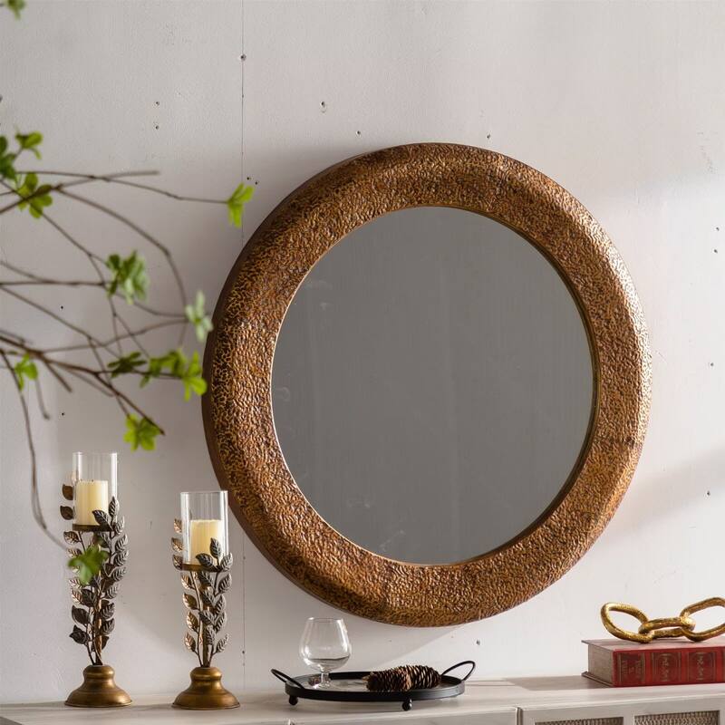 31.3" Hammered Gold Round Wall Mirror Iron Frame & MDF Back Decorative Mirror