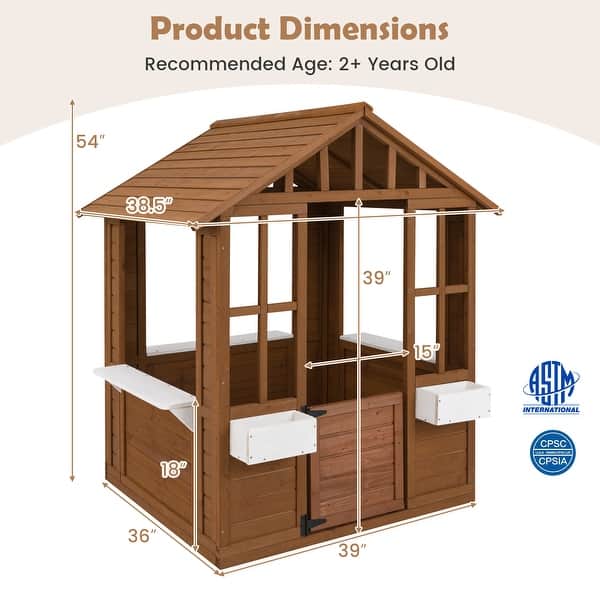 Natural White Fir Wood Kids Playhouse with Flowerpot Holders and Large Windows - 47.5" L x 38.5" W x 54" H
