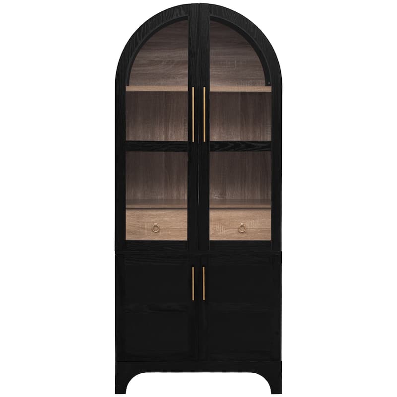 71"Tall Arched Kitchen Pantry Cabinet with Door Shelves, with Open & Adjustable Shelves, Hidden Drawer & Glass Door