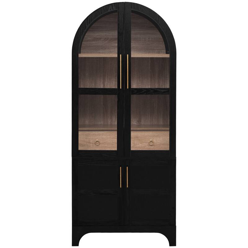 Farmhouse Arched Pantry Cabinet - 71" Tall Kitchen Storage with Adjustable Shelves, Glass Door & Hidden Drawer