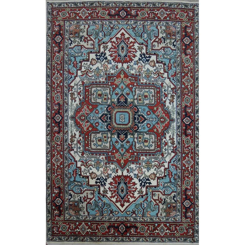 Beige Heriz Serapi Indian Rug Hand-Knotted Oriental Wool Carpet - 5'11" x 8'11"