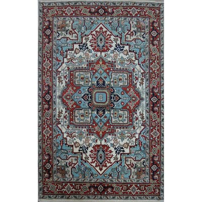 Beige Heriz Serapi Indian Rug Hand-Knotted Oriental Wool Carpet - 5'11" x 8'11"