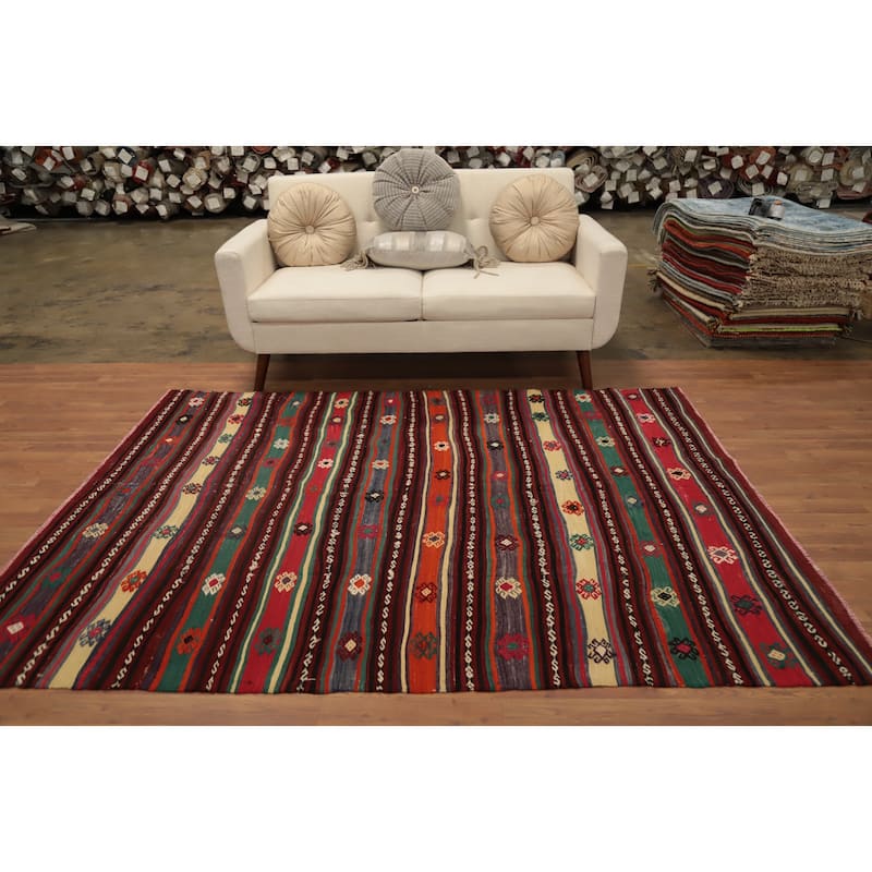 Hand Woven Oriental 100% Wool Carpet Southwestern Tribal Multi-Colored Kilim Area Rug - 7' 5'' X 5' 7''