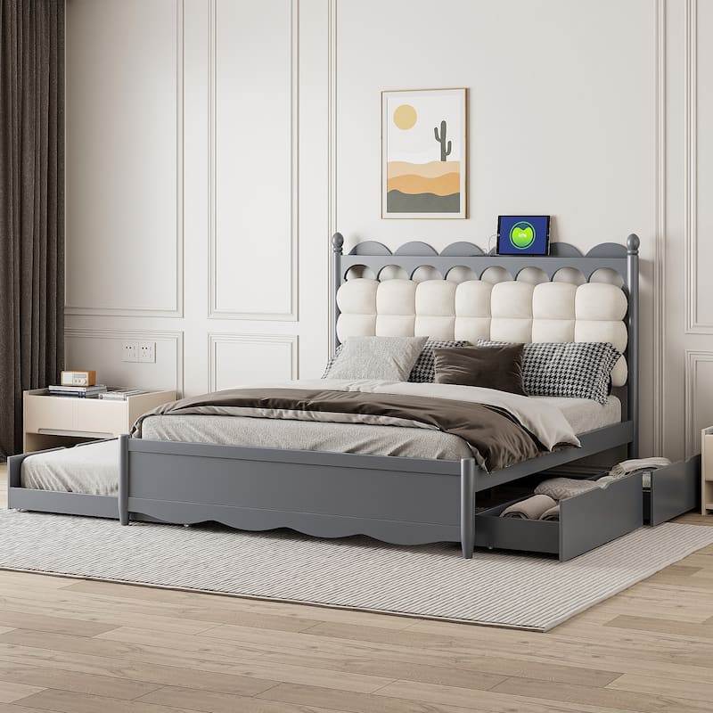 Queen Size Wooden Platform Bed with Sockets and USB Ports, Solid Pine Wood Storage Bed Frame with 2 Drawers and Twin XL Trundle