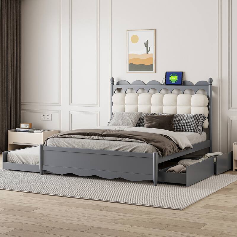 Queen Size Wooden Storage Platform Bed with 2 Drawers, Trundle, USB Ports & Sockets,Gray