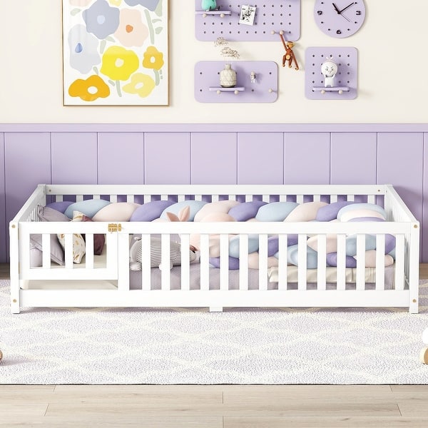 slide 2 of 10, Full Size Bed Floor Bed with Safety Guardrails and Door for Kids White