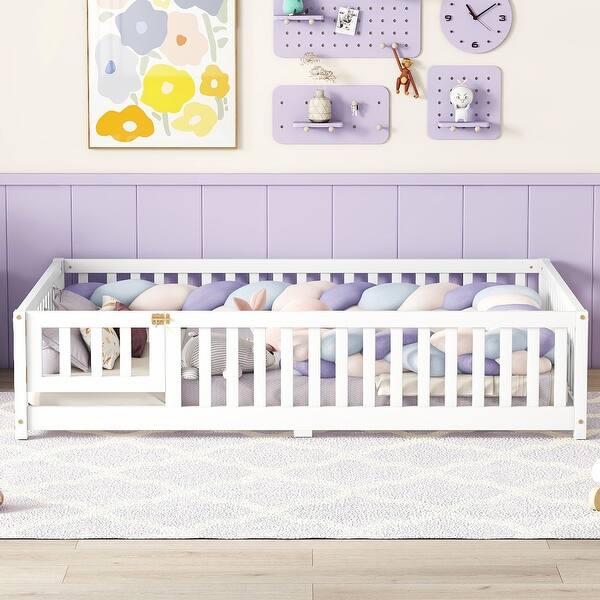 slide 2 of 5, Wood Kids Platform Floor Bed With Rails And Switched Door Full - White