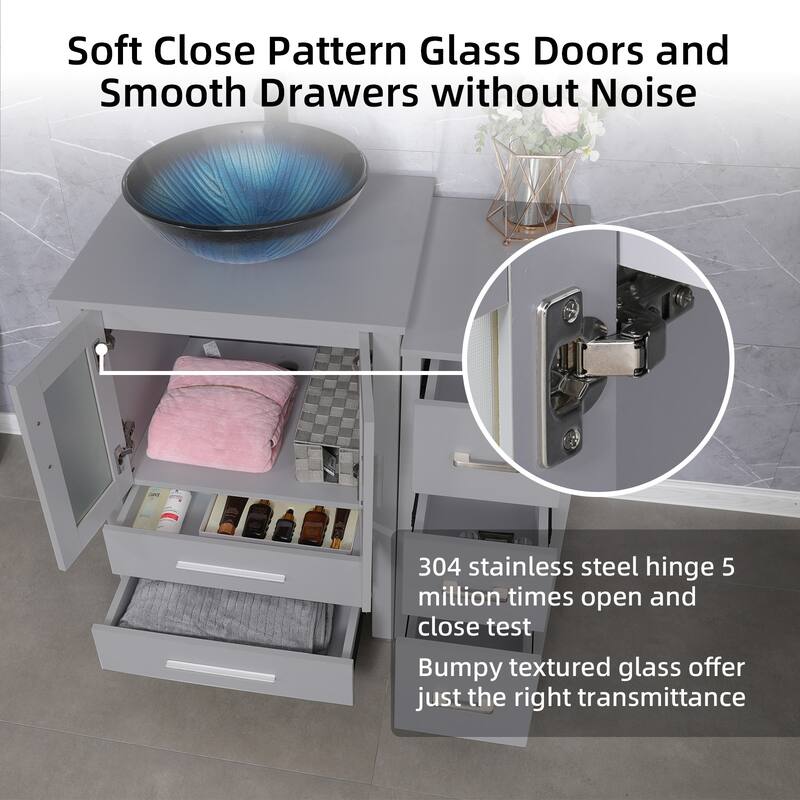 36" Bathroom Vanity Sink Gray Set with Side Cabinet Vessel Sink Mirror Faucet Combo