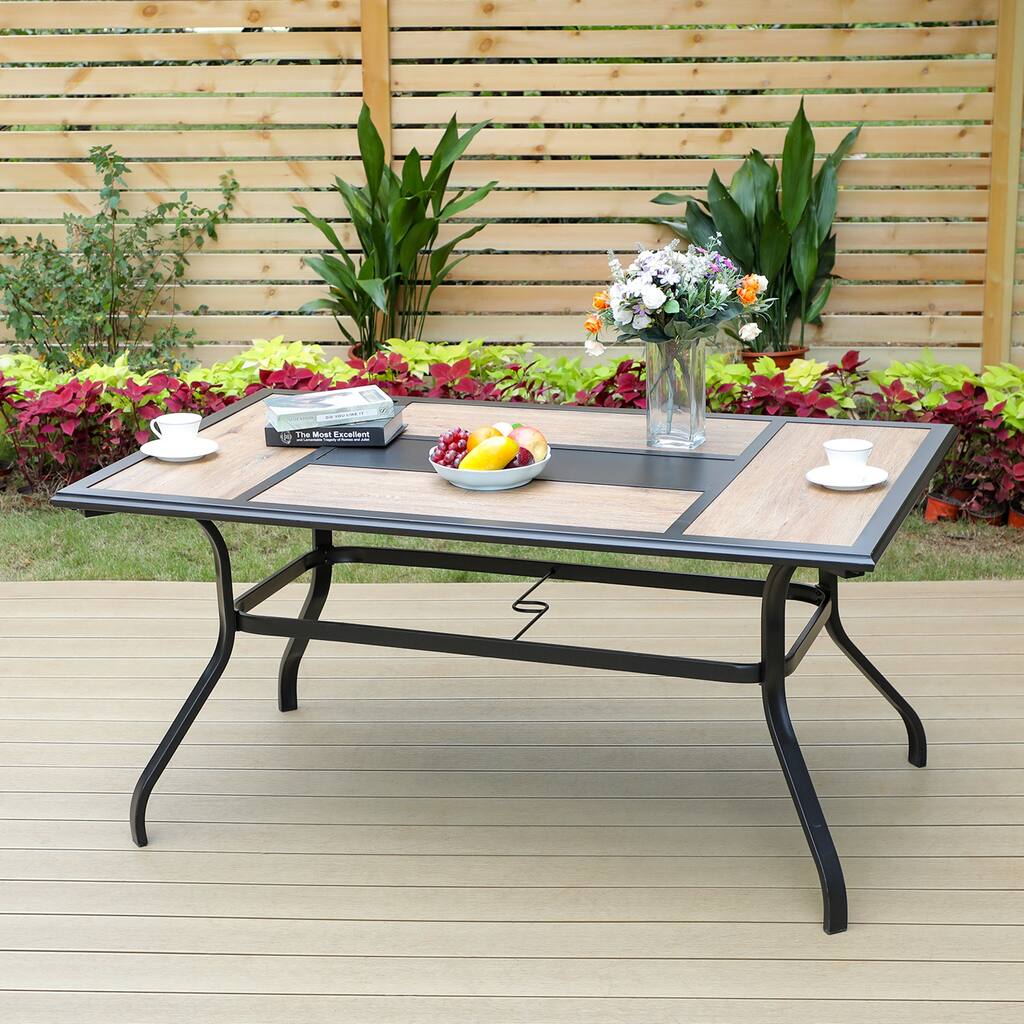 Outdoor Dining Table Metal Frame and PVC Table Top with 1.57" Umbrella Hole, Suitable for 6 People