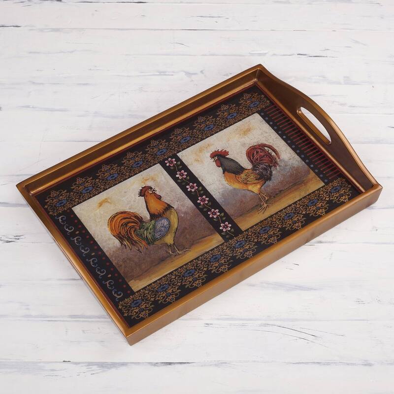 Handmade Crowing Roosters Reverse Painted Glass Tray (Peru) - 2.4" H x 17.75" W x 11.75" D