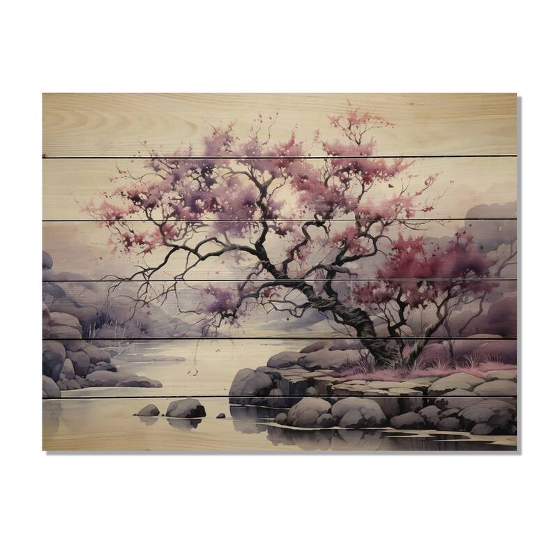 Designart "Purple Tree Dusk Symphony Landscape II" Landscape Trees Print on Natural Pine Wood