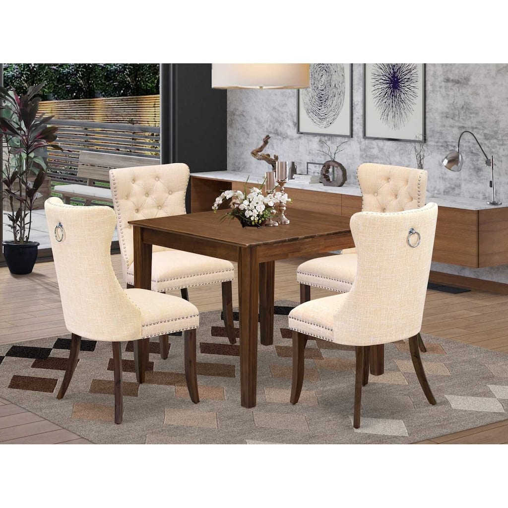 5-Piece Antique Walnut Finish Solid Wood Top - Square Upholstered Dining Room Set - Seats 4