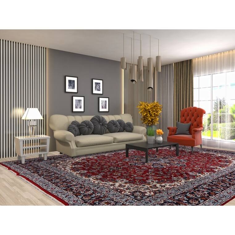 Floral Kashan Turkish Rug Machine-Made Bedroom Red Carpet - 9'8" x 12'9"