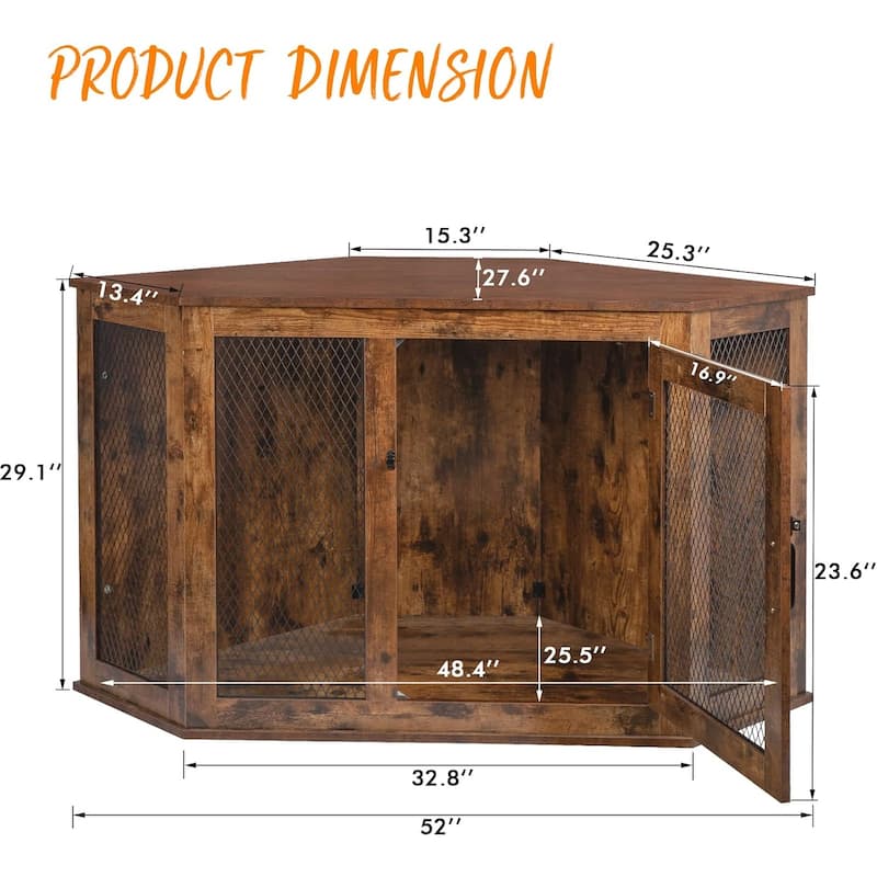BOSSIN Corner Dog Crate Furniture,44/52 inch Wooden Dog Kennel Furniture with Mesh,Decorative Wood Dog House for Indoor use