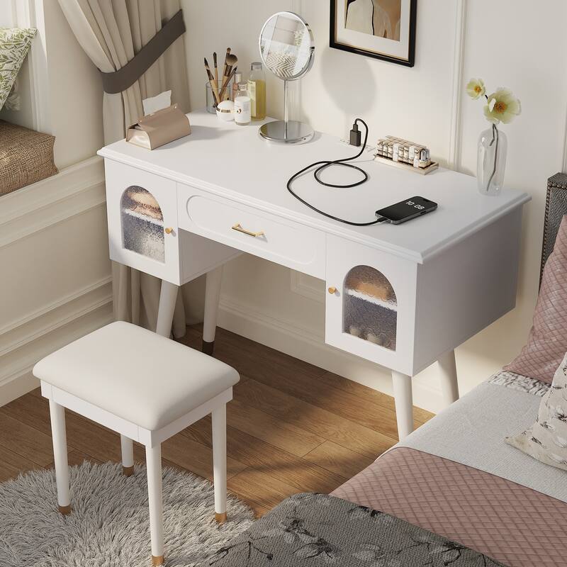Vanity Makeup Table and Chair Set, Built-in Power Charging Station Dressing Table Writing Desk with Storage Organizer - White