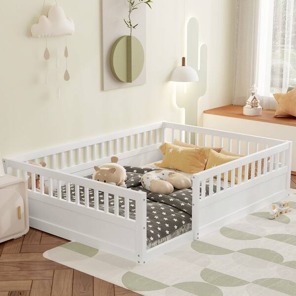 slide 2 of 10, Full Size Floor Bed Safety Kids Bed with High Guardrails (19.6 inch), Without Slat Concise Fence Bed for Boys Girls, White White - Full