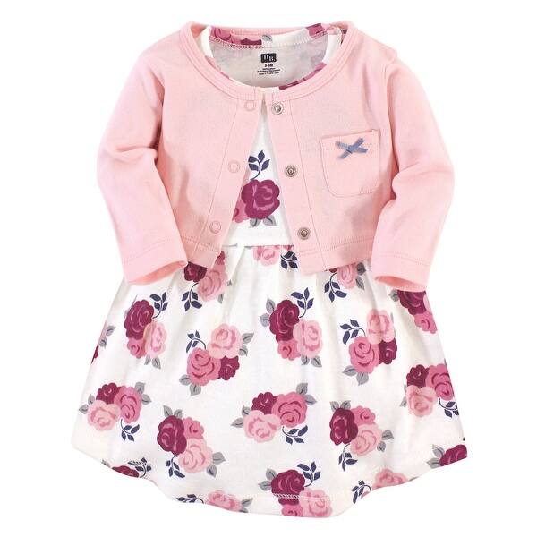 slide 1 of 1, Hudson Baby Infant and Baby Girl Cotton Dress and Cardigan 2pc Set, Blush Floral 0-3 Months - Blush Floral