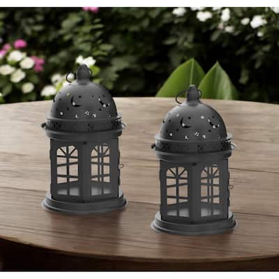Set of Two Black Metal Celestial Tabletop Lantern Candle Holders - 5"L x 5"W x 8.5"H