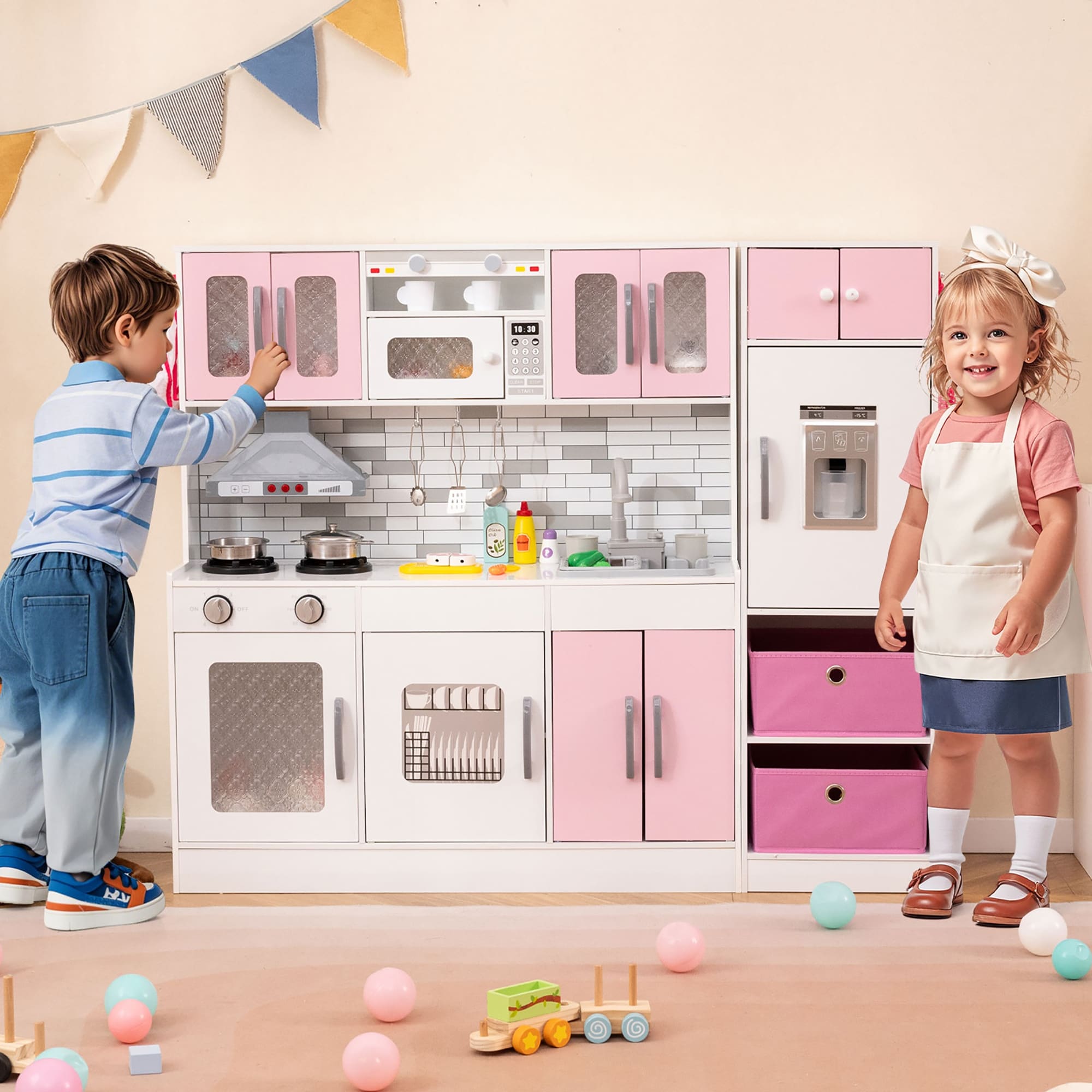 Gymax Wooden Kitchen Playset w/ Lights Sounds Interactive