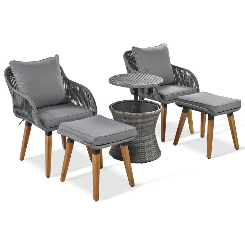 5 Pcs Outdoor Patio Furniture Set, All-Weather Patio Conversation Set with Wicker Cool Bar Table, Single Chairs and Ottomans