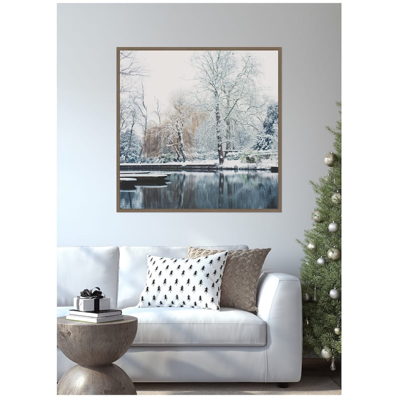 Kate and Laurel Sylvie Framed Canvas Snow Covered Punts on the River Cam by Laura Evans