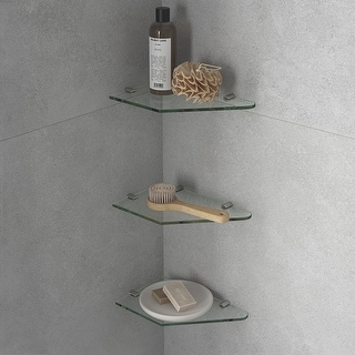 OVE Decors Bella 3-Pack Tempered Glass Corner Shelves with Stainless Steel Wall Mounted Satin Nickel Finish for Bathroom