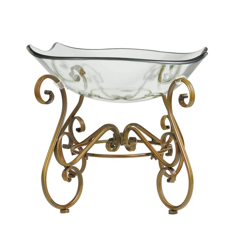 Glass Kitchen Serving Bowl with Gold Metal Scroll Base - Clear - Roche River Decor - 16"W x 21"L x 14"H