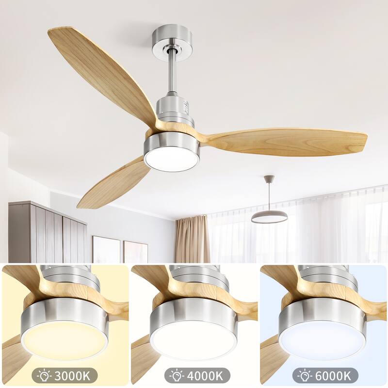 52 Inch Integrated LED Ceiling Fan with Light and Remote Control Solid Wood Blades for Living Room