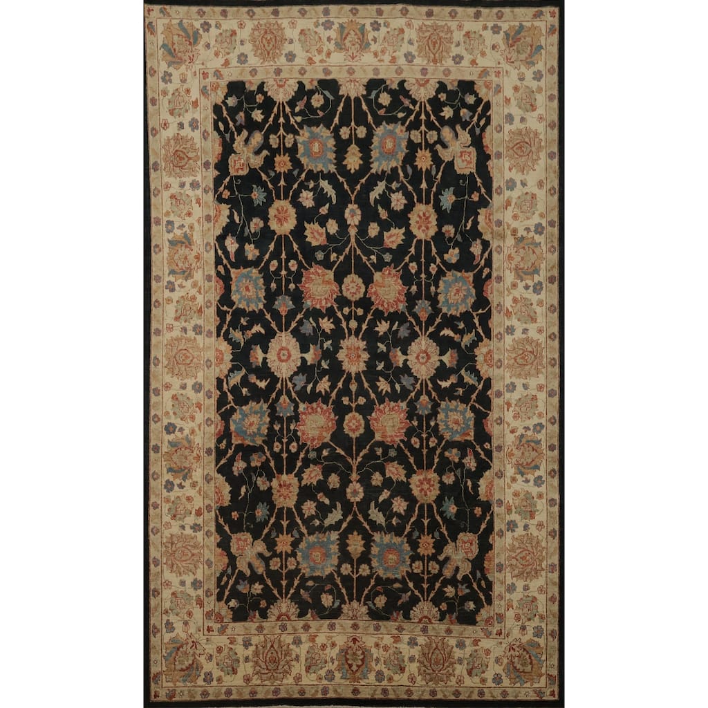 Hand Knotted Oriental 100% Wool Carpet Traditional All-Over Black Peshawar Area Rug - 10' 4'' X 7' 0''