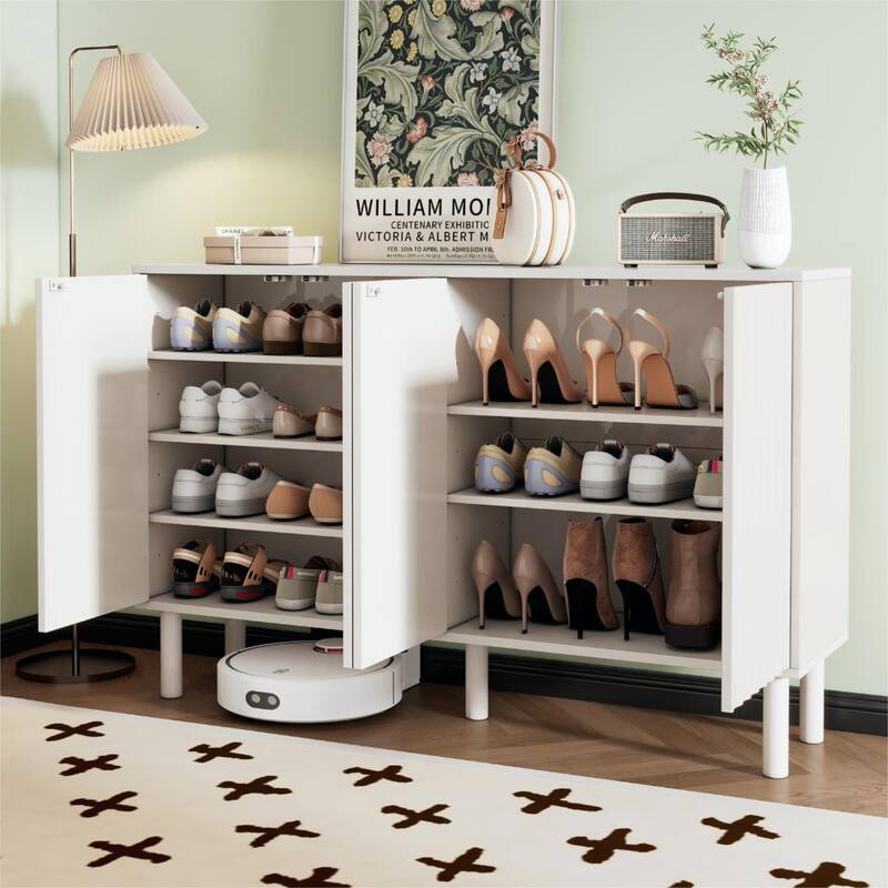 Cream Style Sideboard Buffet Cabinet with Fluted Doors, Large 4-Door Storage Cabinet with Adjustable Shelves - White