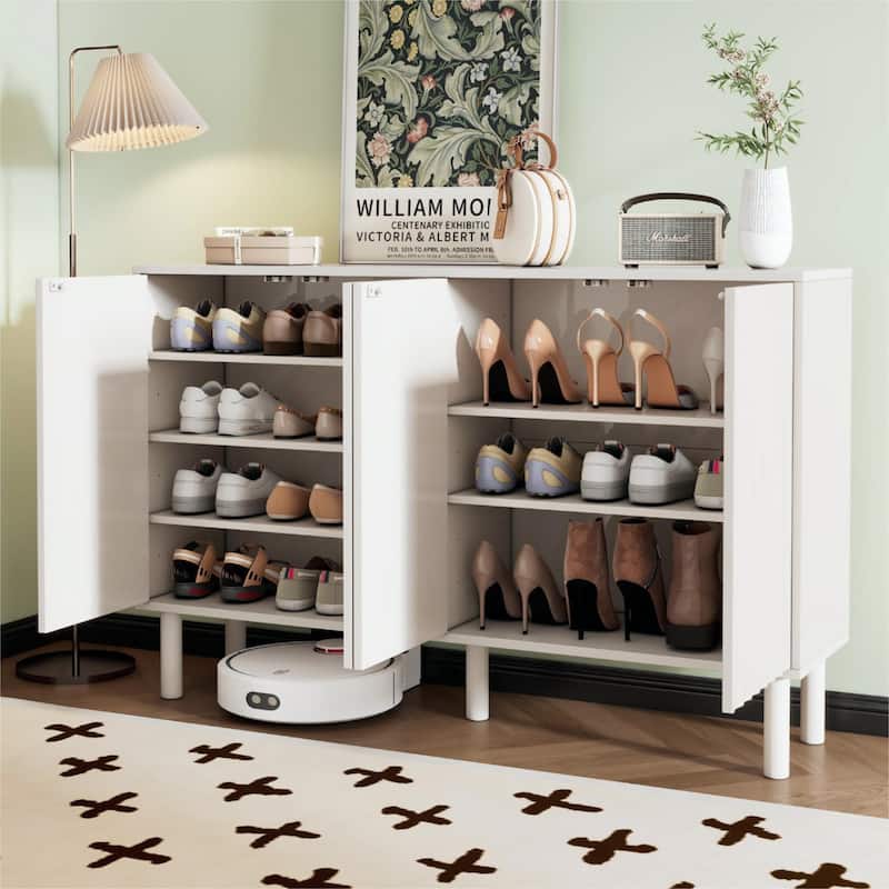 Minimalist Shoe Cabinet with Fluted Doors and 5 Solid Wood Legs - 55.1" W × 13.7" D × 35.4" H