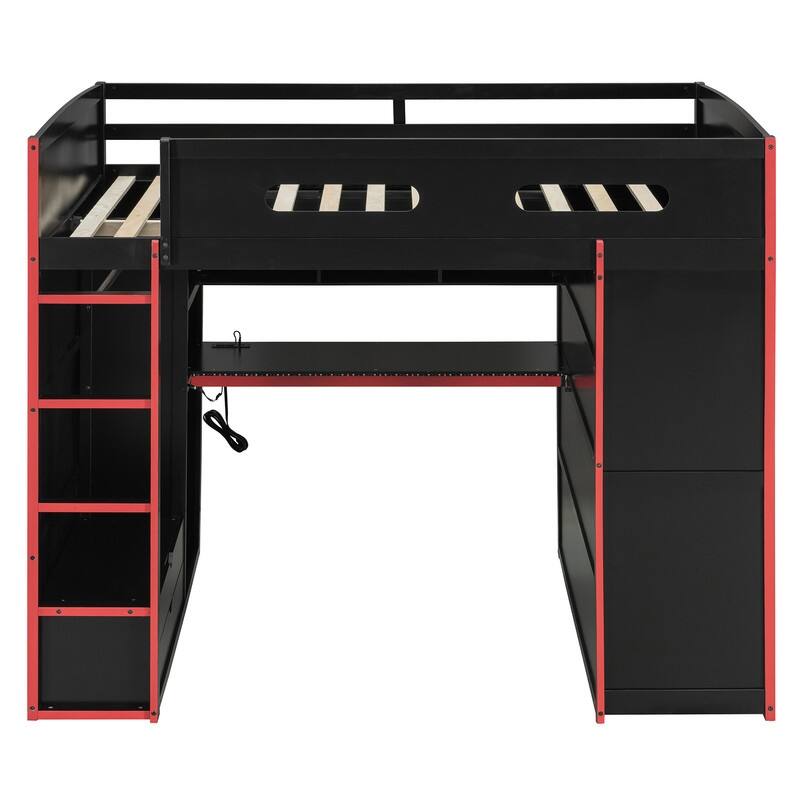 Full Size Wood Loft Bed with Desk,Wardrobe,Ample Storage Space,and RGB LED Light
