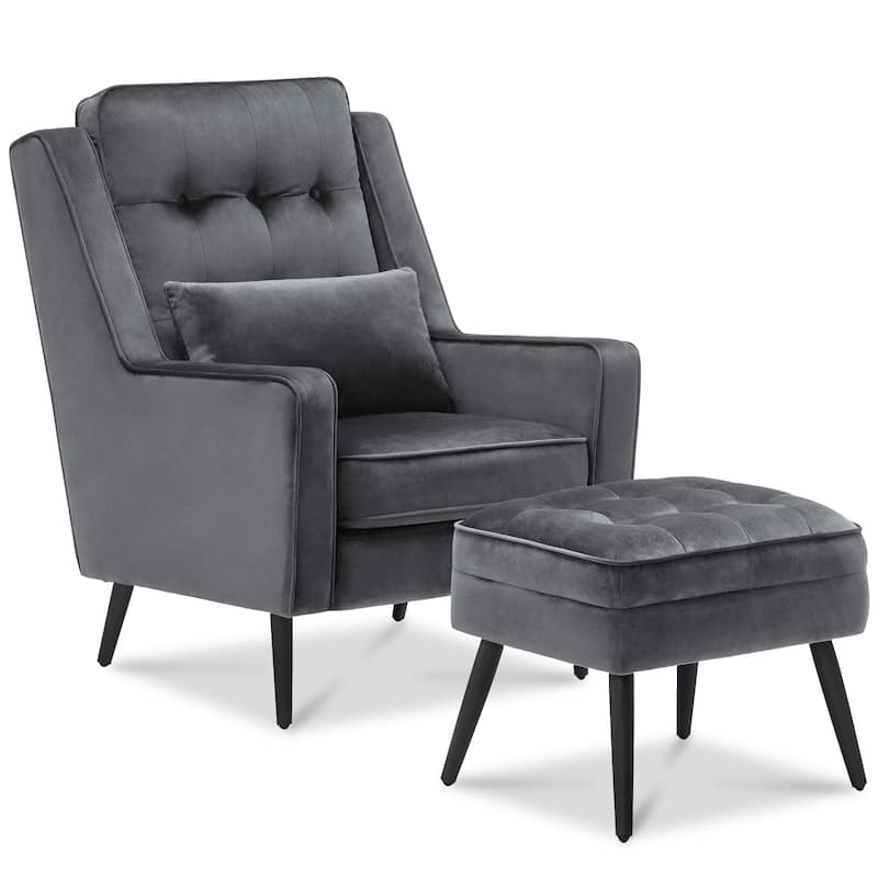 MCombo Modern Accent Club Chair with Ottoman, Velvet Upholstered Armchair with Lumbar Pillow 4278
