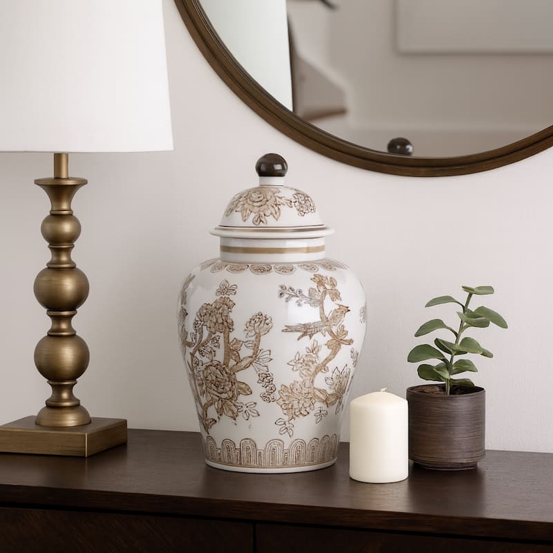 Decorative Chinoiserie Temple Jar - White & Brown, 12"