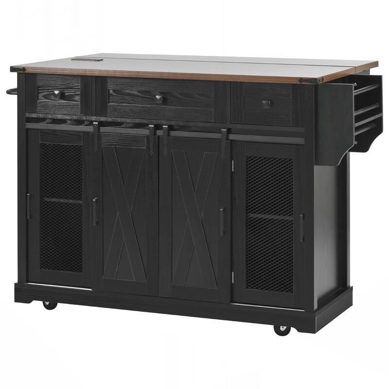Farmhouse Kitchen Island with Storage, Rolling Kitchen Island on 5 Wheels with Spice Rack