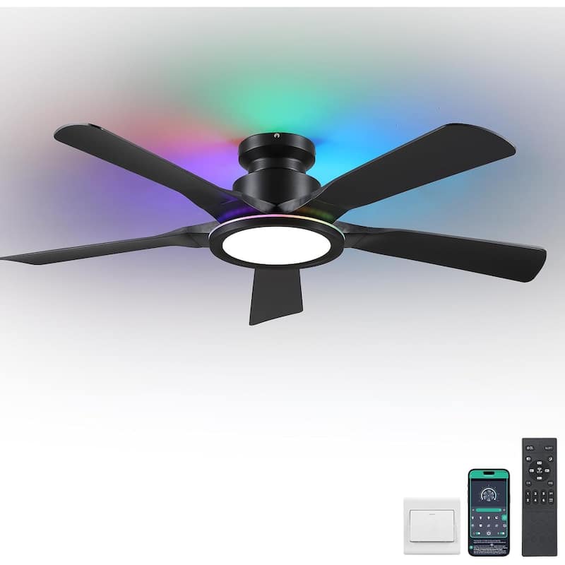 52 Inches RGB Flush Mount Ceiling Fan with Light,Reversible DC Motor - 52 Inches - Black