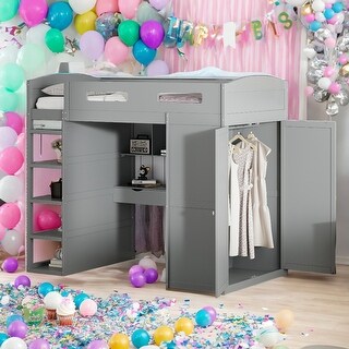 Twin Size Loft Bed with Desk,Wardrobes,4 Drawers and 4 Shelves,Kids Bedroom Sets