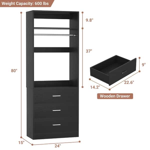 dimension image slide 4 of 11, Kyrvo Freestanding Closet System with 3 Wooden Drawers and Hanging Rod and Storage Shelf, Walk-in Closet Organizer Wardrobe