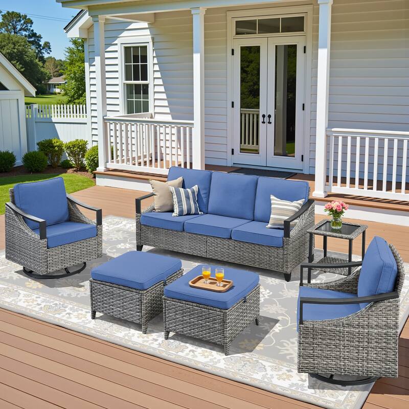 Pocassy 5-Piece Patio Sofa Swivel Glider Chairs Table with Ottoman - Gray Wicker Blue Cushion - 5-Piece Sofa Swivel Chair Table with Ottoman