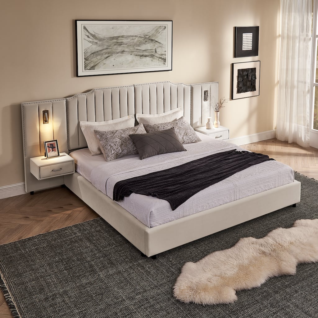 Upholstered Bed, Vertical Stripe Buttons Design Wingback Bed Frame, Velvet Fabric Platform Bed with Bedside Table