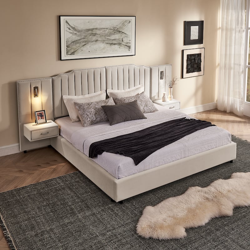 King Upholstered Wingback Platform Bed Frame with Vertical Stripe Enlarged Headboard, Adjustable Lamps & Integrated Nightstand
