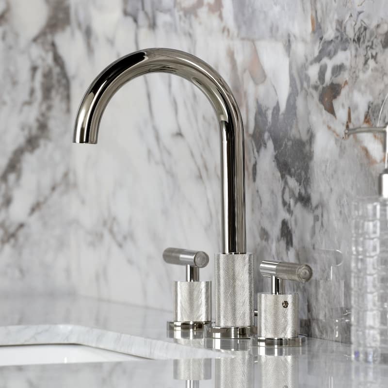Kingston Brass Convergent Two-Handle 3-Hole Deck Mount Widespread Bathroom Faucet with Knurled Handle and Brass Pop-Up Drain