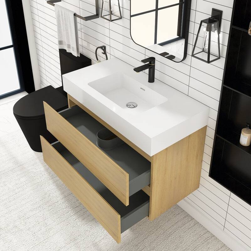 24/30/36 inch Wall-Mounted Bathroom Vanity Set in Oak with Integrated Resin Sink