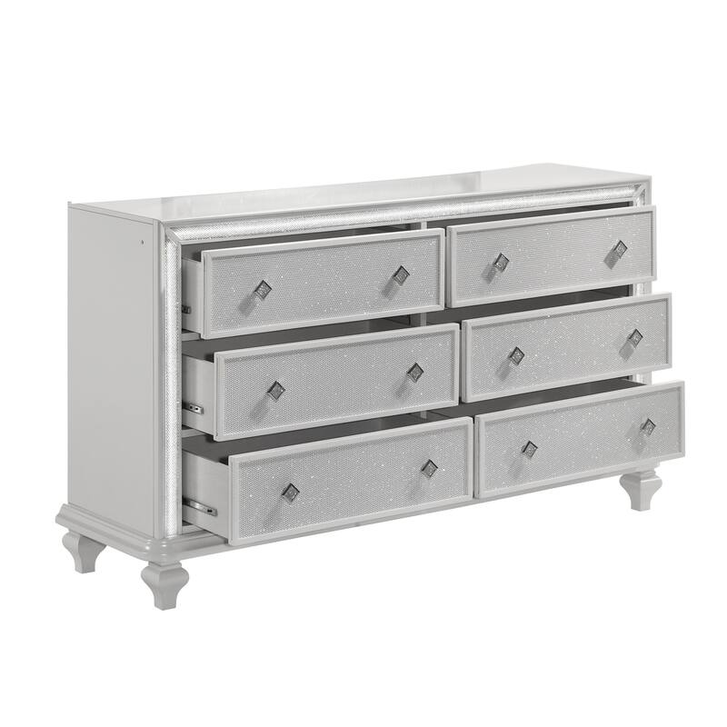 Stacy Wide Dresser with 8 Drawers and LED Lights, Silver, White Wood