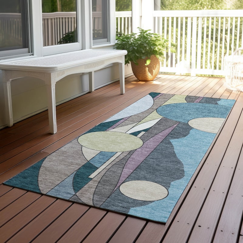 Machine Washable Indoor/ Outdoor Contemporary Retro Chantille Rug - Teal - 2'3" x 7'6"