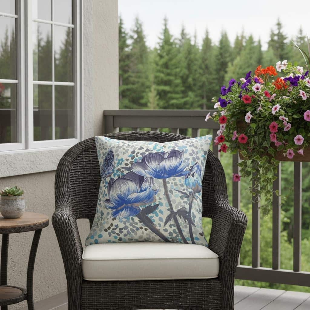HomeRoots 20" x 20" Indigo Butterfly Blown Seam Floral Indoor Outdoor Throw Pillow - 20.00' X '5.00' X '20.00