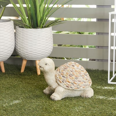 White Polystone Indoor Outdoor Turtle Garden Sculpture with Stone Mosaic Design - 14 x 11 x 10